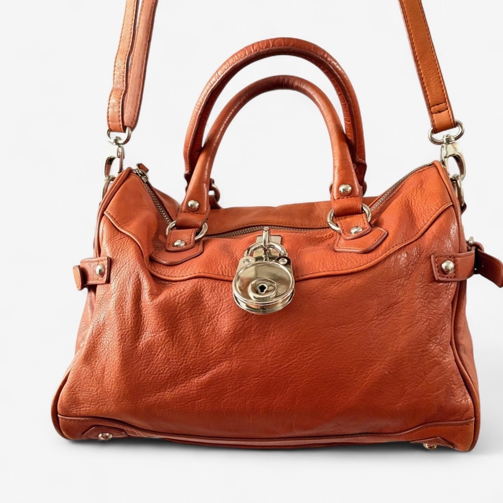 DANIER ORANGE LEATHER SATCHEL BAG WITH LOCK KEY WOMAN